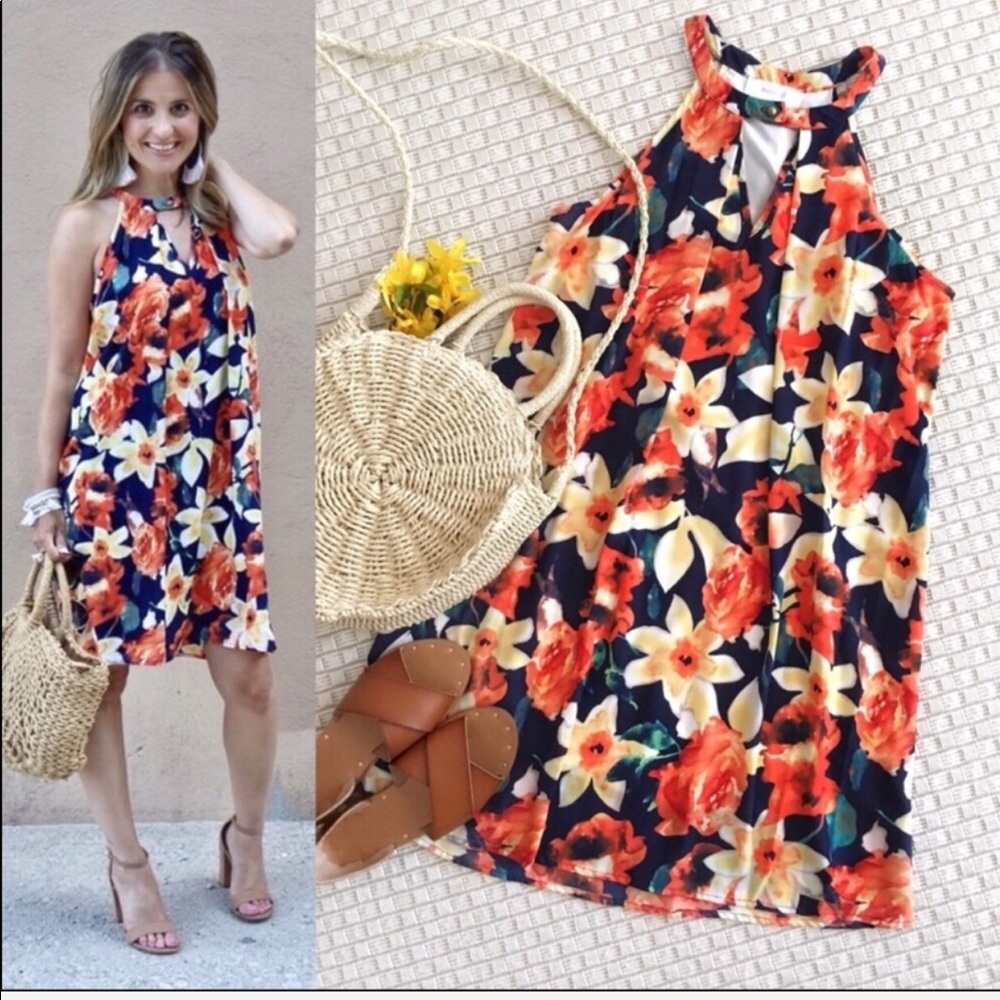 ☄️LAST CHANCE☄️Navy & orange Floral Print Halter - Picture 2 of 6